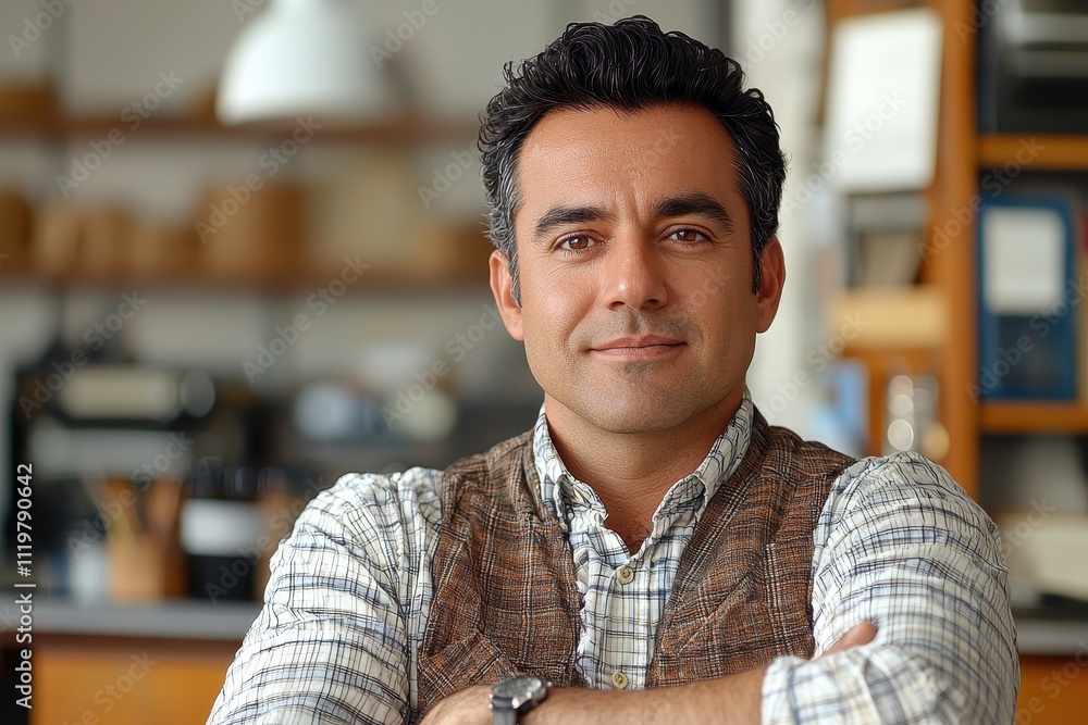 Obraz premium Confident Man in Checkered Shirt in Modern Office Setting