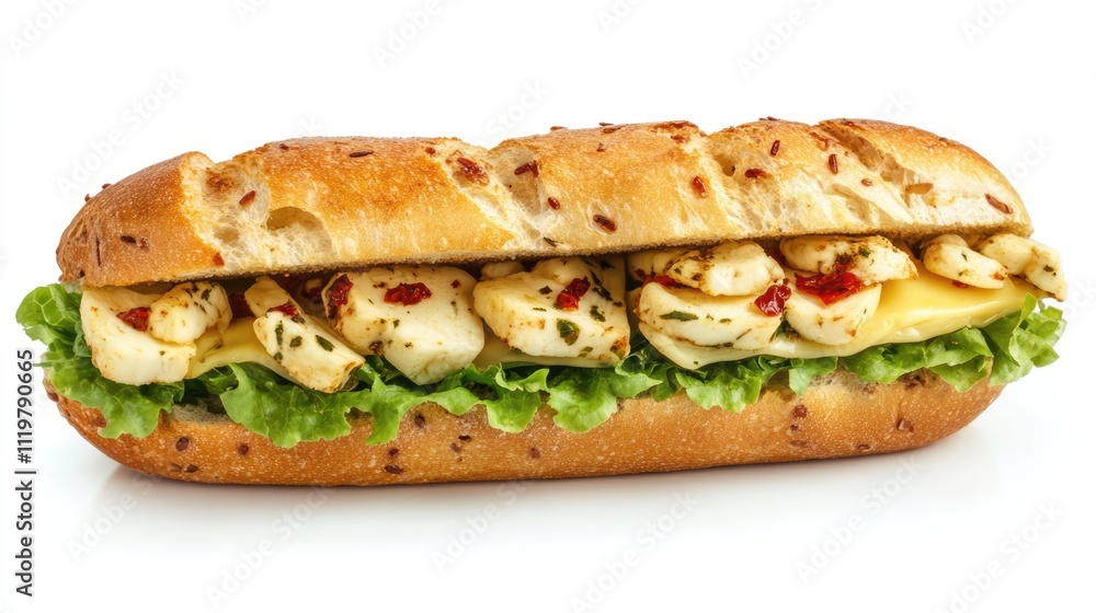 Freshly made sandwich with creamy cheese slices and crisp lettuce on a rustic bread, presented against a clean white background. Freshly made sandwich with creamy cheese slices and crisp lettuce on a rustic bread, presented against a clean white background.