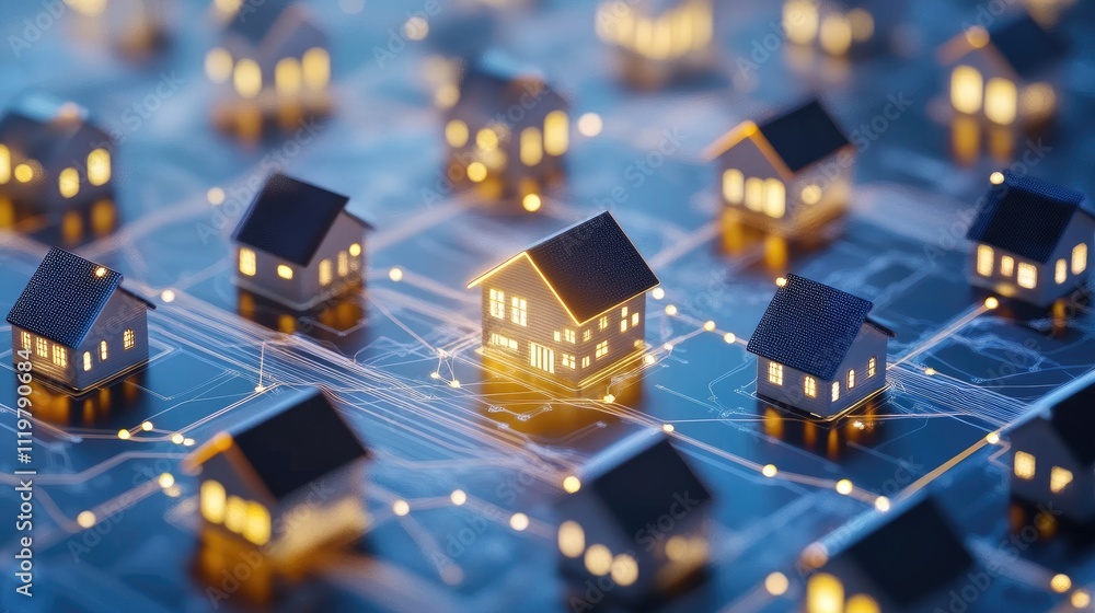 Illuminated houses connected by digital network. Illuminated houses connected by digital network.