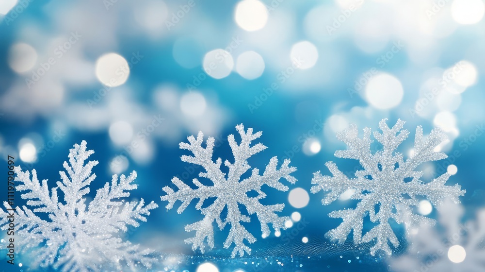 Abstract background with snowflakes and bokeh lights on a blue background. Christmas concept. Snowy winter scene. Abstract background with snowflakes and bokeh lights on a blue background. Christmas concept. Snowy winter scene.