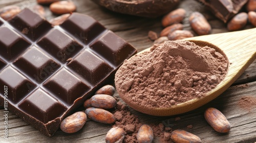 Cocoa powder with wooden spoon chocolate bar and cocoa beans on rustic wooden table highlighting antioxidant benefits of flavonoids