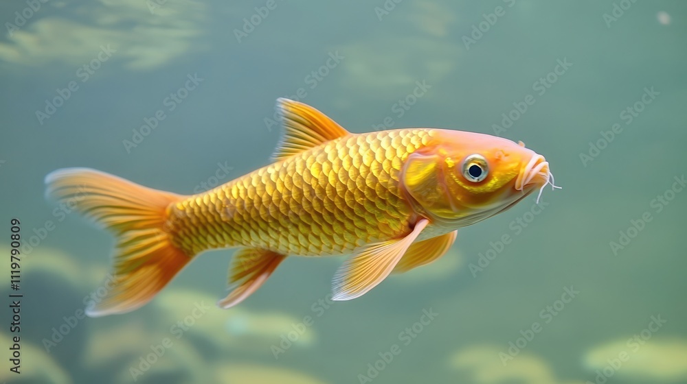 Naklejka premium Golden koi carp swimming gracefully in a serene pond showcasing vibrant colors and fluid motion of aquatic life