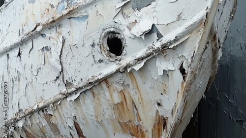 Closeup of weathered fiberglass hull showcasing peeling paint on a decommissioned fishing trawler in marine environment photo