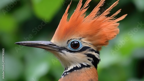 Eurasian hoopoe bird close-up showcasing vibrant plumage in lush natural environment highlighting wildlife beauty and biodiversity. photo