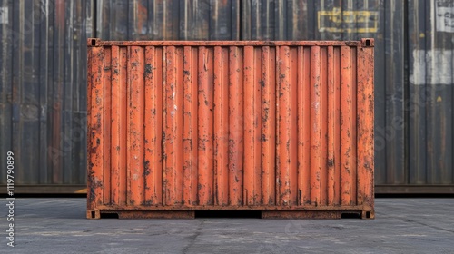 Rusty orange shipping container with weathered texture, positioned prominently against a blurred industrial background of stacked containers, logistics, shipping, transport. photo