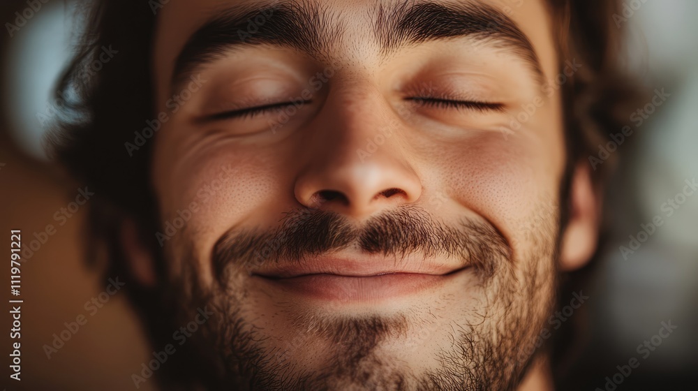 Smiling young man with closed eyes showcasing happiness and contentment in a warm close-up portrait. Smiling young man with closed eyes showcasing happiness and contentment in a warm close-up portrait.