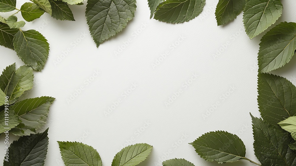 Fototapeta premium Green leaves frame on white background, perfect for nature-themed designs and presentations.