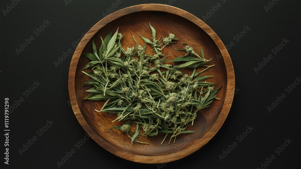 Dried cannabis leaves in a wooden bowl on black background showcasing medicinal herbs rich in THC and CBD for health concepts Dried cannabis leaves in a wooden bowl on black background showcasing medicinal herbs rich in THC and CBD for health concepts