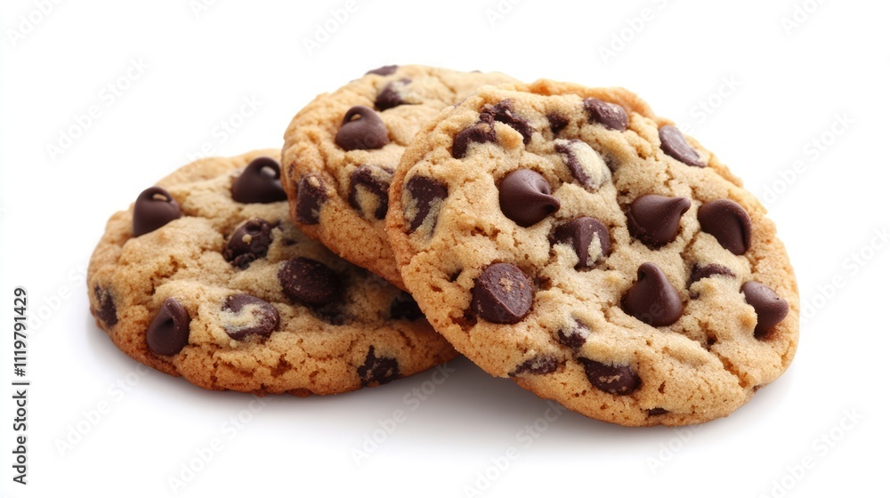 Freshly baked chocolate chip cookies arranged on a clean white background showcasing their golden brown color and rich chocolate chips Freshly baked chocolate chip cookies arranged on a clean white background showcasing their golden brown color and rich chocolate chips