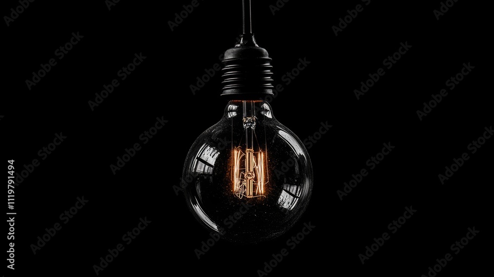 Transparent light bulb with an exposed filament, suspended against a black background, creating a dark and moody atmosphere, lighting design, industrial style, minimalism. Transparent light bulb with an exposed filament, suspended against a black background, creating a dark and moody atmosphere, lighting design, industrial style, minimalism.
