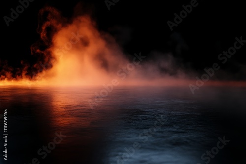 Mysterious Smoke and Water Reflection at Dusk with Dark Background Creating a Moody and Atmospheric Scene