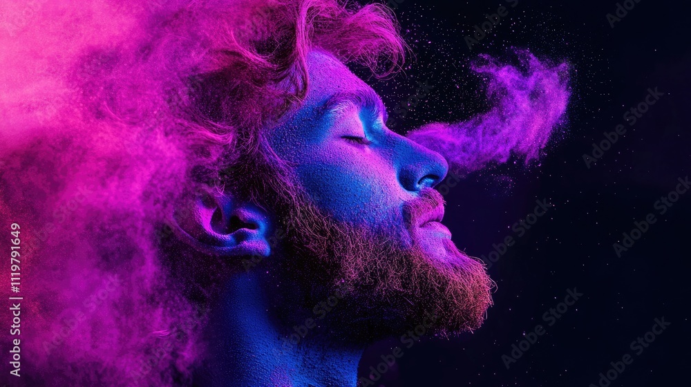 Bearded man portrait with ultraviolet powder creating a vibrant, surreal aesthetic in a dramatic and colorful atmosphere