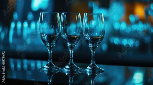 Empty wine glasses arranged elegantly on a bar counter with enchanting blue lighting creating a stylish dining atmosphere. photo