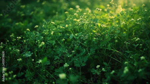 Coriander plants thriving in a lush garden setting under soft sunlight showcasing vibrant green foliage and delicate flowers