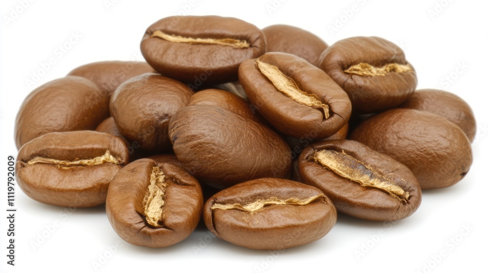 Brown coffee beans arranged artfully on a simple white background, emphasizing their rich texture and distinct shapes, food and beverage, gourmet, organic coffee, product photography. Brown coffee beans arranged artfully on a simple white background, emphasizing their rich texture and distinct shapes, food and beverage, gourmet, organic coffee, product photography.