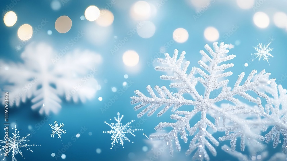 Abstract background with snowflakes and bokeh lights on a blue background. Christmas concept. Snowy winter scene. Abstract background with snowflakes and bokeh lights on a blue background. Christmas concept. Snowy winter scene.