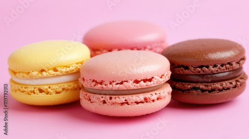 Colorful assortment of macarons arranged on a soft pink background, highlighting yellow, pink, and brown varieties, confectionery, dessert, sweet treats, gourmet pastries.