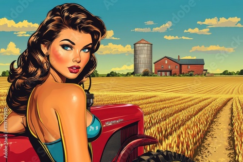 Stylized pin-up girl posing with a red tractor in a golden wheat field, perfect for rural and retro farm-themed designs photo