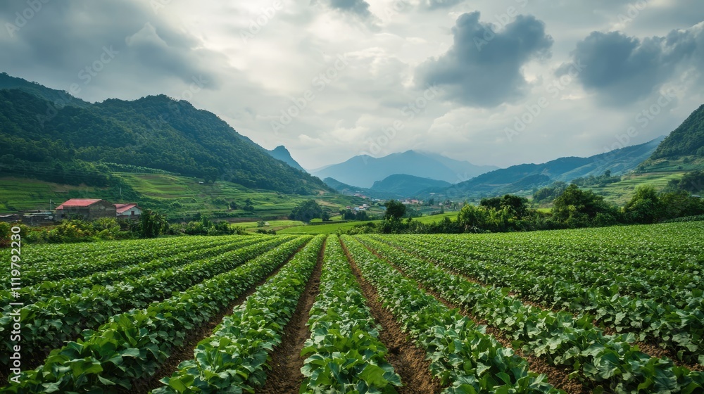 Lush green farming landscape under a dramatic cloudy sky with distant mountains and fertile fields in the foreground Lush green farming landscape under a dramatic cloudy sky with distant mountains and fertile fields in the foreground