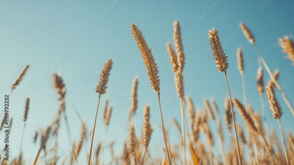 Close-up perspective of a dried agricultural field featuring tall yellow-brown pods against a clear blue sky, emphasizing nature's harvest, farming, seasonal change, soft focus, copy space. Close-up perspective of a dried agricultural field featuring tall yellow-brown pods against a clear blue sky, emphasizing nature's harvest, farming, seasonal change, soft focus, copy space.