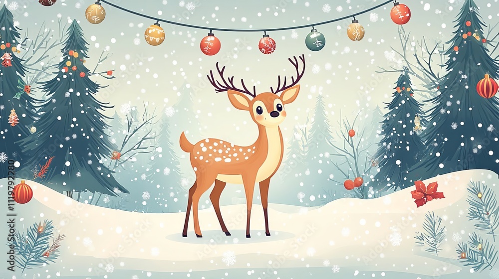 Christmas deer with Christmas ornaments and pine trees in the background, flat design illustration, vector style, winter landscape, snowing. Christmas deer with Christmas ornaments and pine trees in the background, flat design illustration, vector style, winter landscape, snowing.