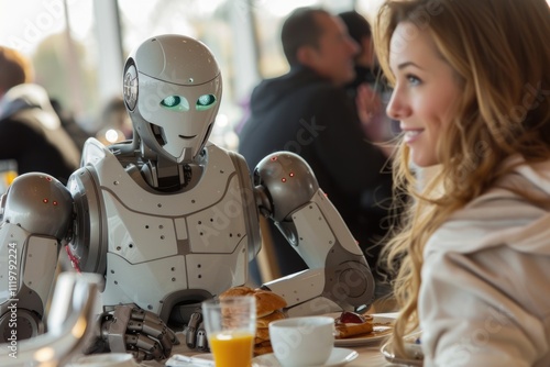 A woman sits beside a robot at a table, a common scene in futuristic settings photo