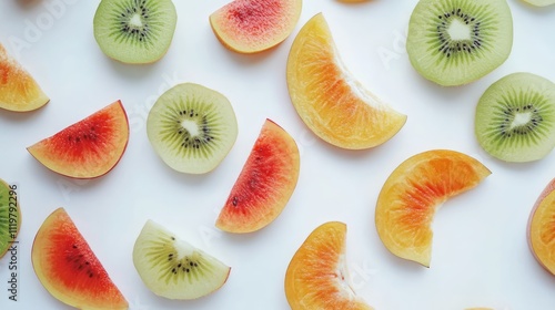 Close-up arrangement of colorful fruit slices including kiwi, watermelon, and orange on a white background, emphasizing healthy eating and dietary choices, nutrition, freshness, vibrant colors. photo