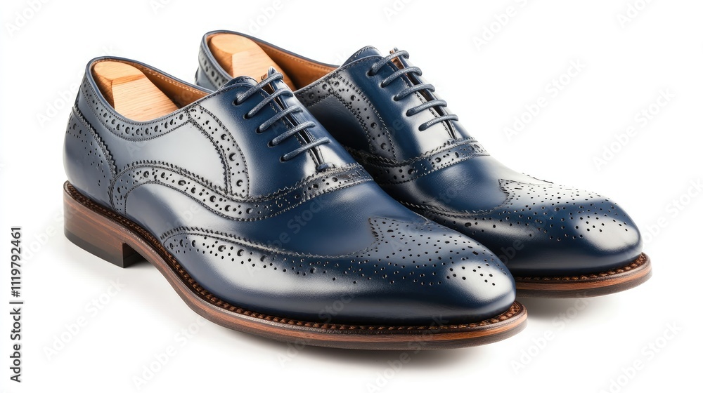 Sleek dark blue men's leather dress shoes with brogue detailing isolated on a clean white background for elegant fashion presentation Sleek dark blue men's leather dress shoes with brogue detailing isolated on a clean white background for elegant fashion presentation