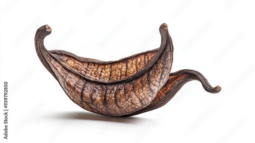 Obraz premium Dried vanilla pods isolated on white background showcasing unique shapes and textures for culinary and aromatic purposes