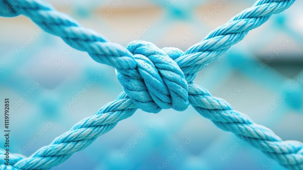 Close-up of blue marine rope intertwined in nautical netting, designed for yacht fender support, showcasing texture and detail, marine, boating, accessories. Close-up of blue marine rope intertwined in nautical netting, designed for yacht fender support, showcasing texture and detail, marine, boating, accessories.