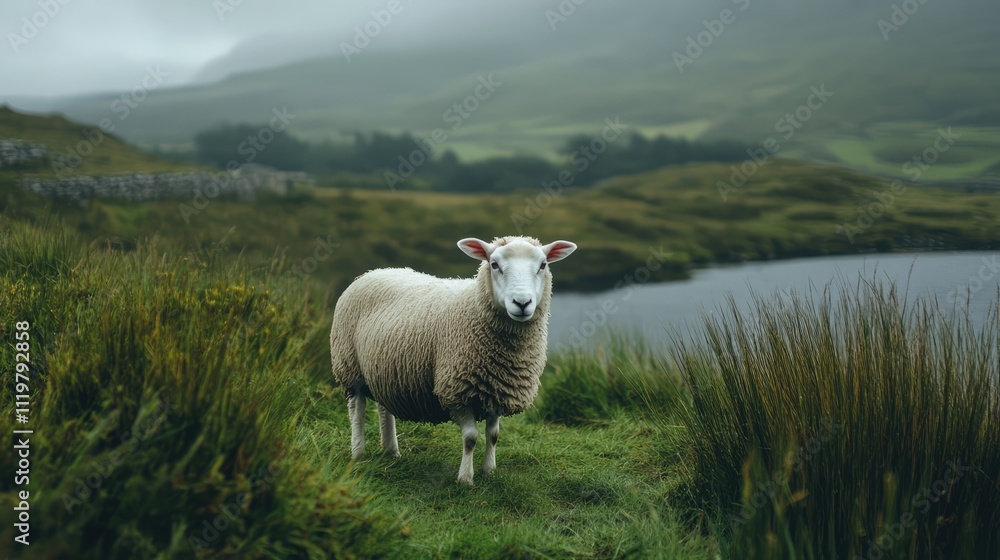 Adorable sheep standing in a grassy field near a tranquil lake, gazing directly at the camera, surrounded by lush greenery and misty hills, farm life, nature, animals, rural setting. Adorable sheep standing in a grassy field near a tranquil lake, gazing directly at the camera, surrounded by lush greenery and misty hills, farm life, nature, animals, rural setting.