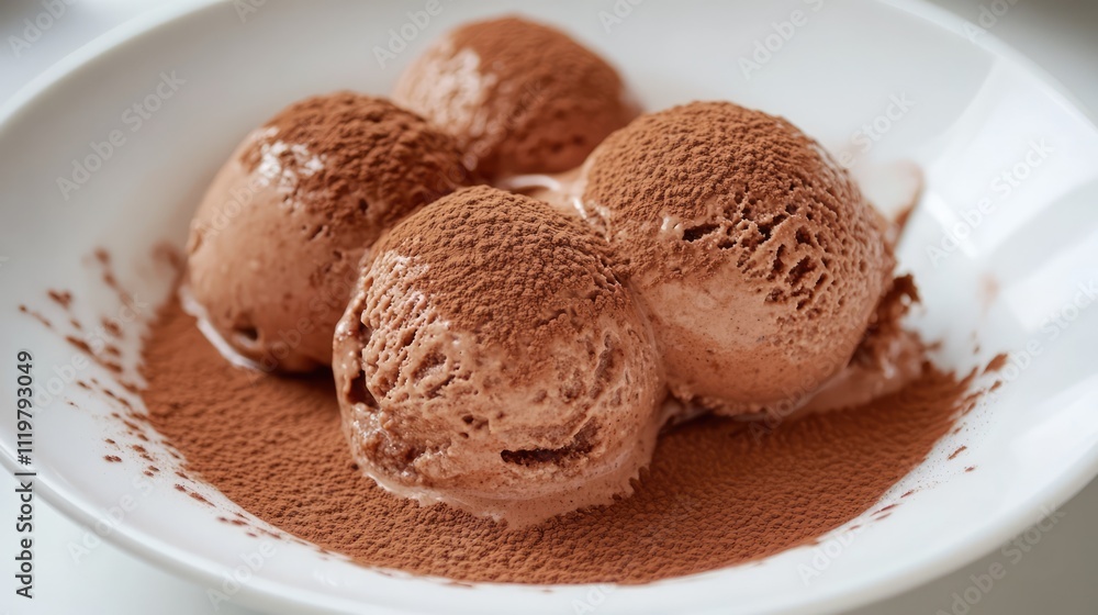 Delicious chocolate ice cream scoops dusted with rich cocoa powder on a white plate Delicious chocolate ice cream scoops dusted with rich cocoa powder on a white plate
