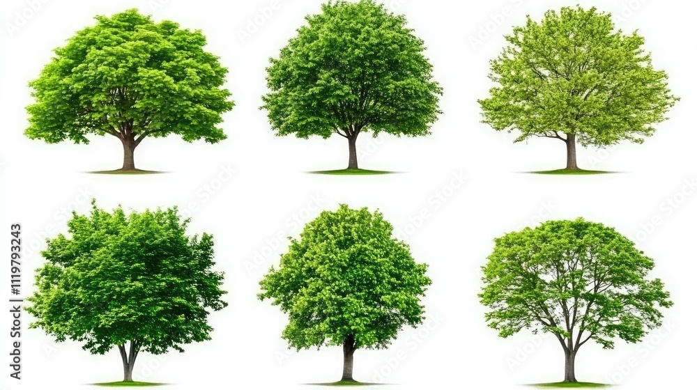 Fototapeta premium Collection of six distinct trees with lush green leaves on a white background ideal for nature and environmental design projects