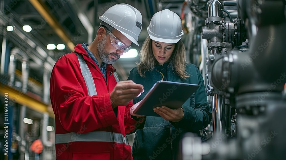 Industrial Engineers Reviewing Data On Tablet Industrial Engineers Reviewing Data On Tablet