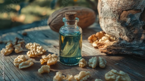 Herbal walnut oil in a glass bottle with raw walnuts on a rustic wooden table natural ingredients and healthy lifestyle concept photo