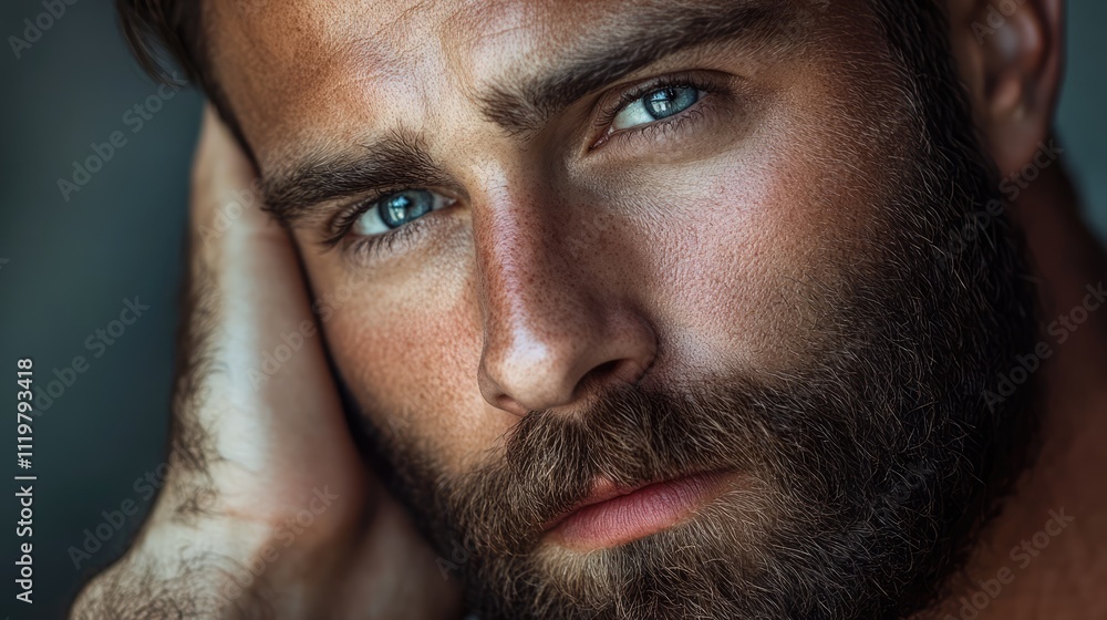Obraz premium Contemplative bearded man with piercing blue eyes in a close up portrait showcasing emotion and depth.
