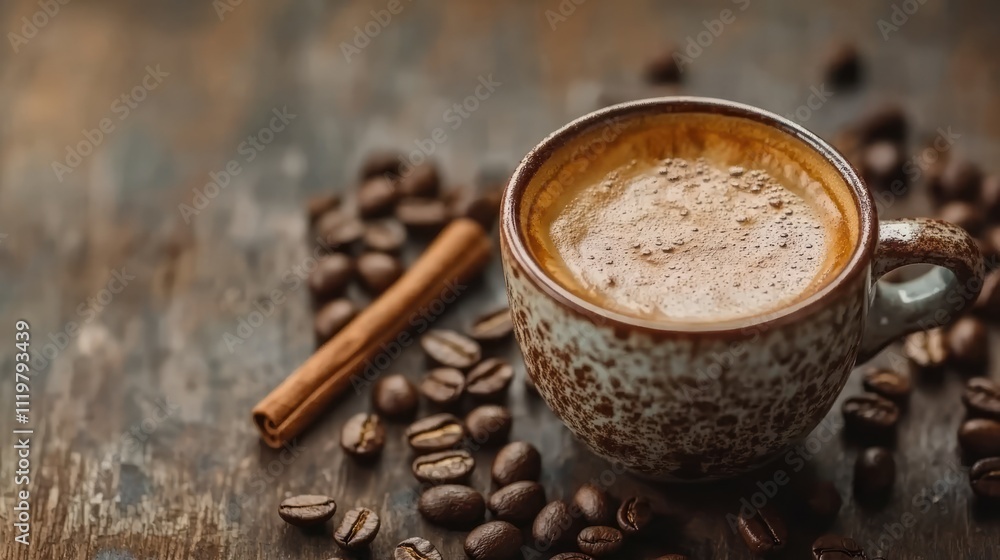 Brown ceramic coffee cup filled with fresh coffee, surrounded by roasted coffee beans and a cinnamon stick, set against a textured wooden backdrop, food, beverage, rustic decor. Brown ceramic coffee cup filled with fresh coffee, surrounded by roasted coffee beans and a cinnamon stick, set against a textured wooden backdrop, food, beverage, rustic decor.