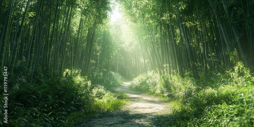 Naklejka premium Serene Bamboo Forest Path Sunlit Nature Trail Lush Greenery Tranquil Landscape