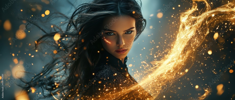 Woman casting a fiery spell in a mystical setting with vibrant colors during twilight hours Woman casting a fiery spell in a mystical setting with vibrant colors during twilight hours