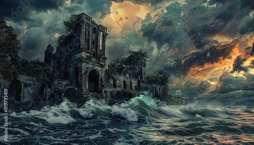 Ruined coastal mansion battered by stormy ocean waves photo