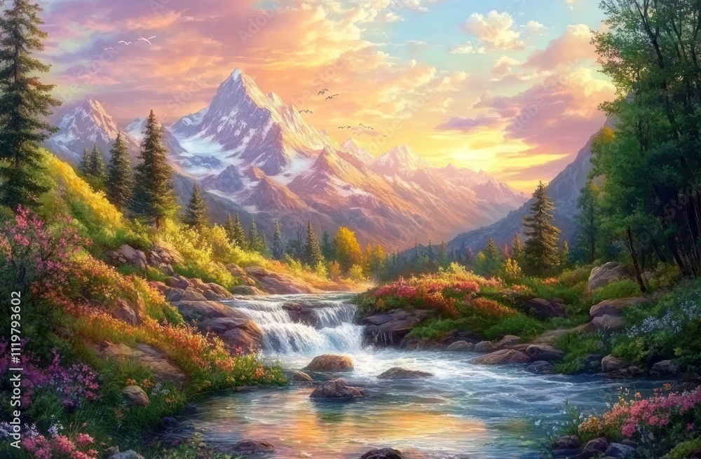 Serene Mountain Stream Sunset Landscape Painting Serene Mountain Stream Sunset Landscape Painting