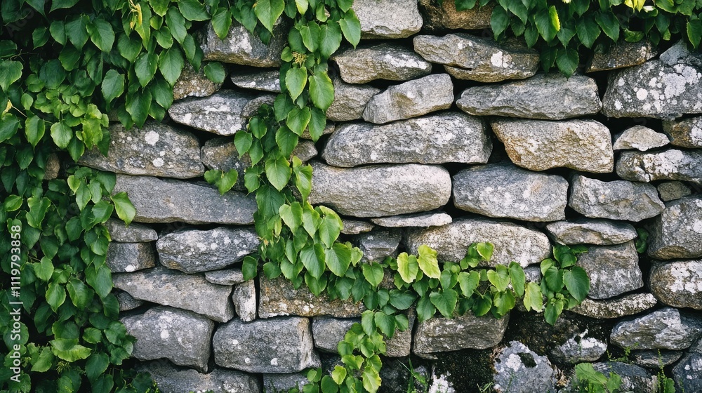 Textured dry stone wall adorned with lush green foliage showcasing nature's beauty and rustic charm in a serene outdoor setting. Textured dry stone wall adorned with lush green foliage showcasing nature's beauty and rustic charm in a serene outdoor setting.