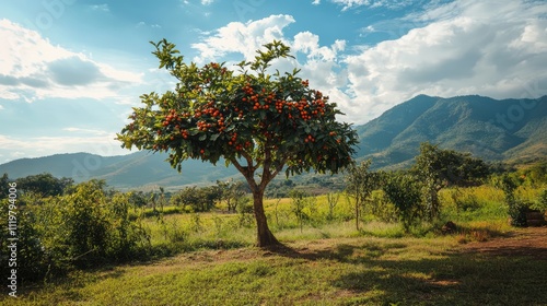 Coffee tree with ripe beans set against a scenic landscape featuring mountains and lush greenery under a bright sky.