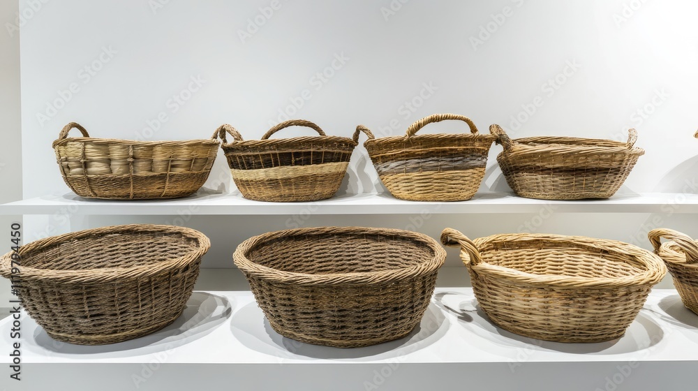 Wicker baskets arranged on shelves showcasing natural craftsmanship and design versatility for home decor and storage solutions Wicker baskets arranged on shelves showcasing natural craftsmanship and design versatility for home decor and storage solutions