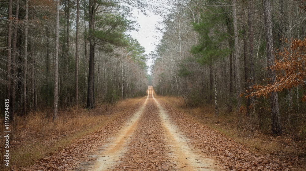 Deserted forest road lined with tall trees and covered in dead leaves creating a serene and isolated atmosphere in nature Deserted forest road lined with tall trees and covered in dead leaves creating a serene and isolated atmosphere in nature