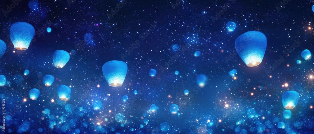 Obraz premium Glowing blue sky lanterns ascending at night.