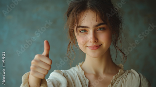 young woman with light eyes and a light beige top is giving a thumbs-up