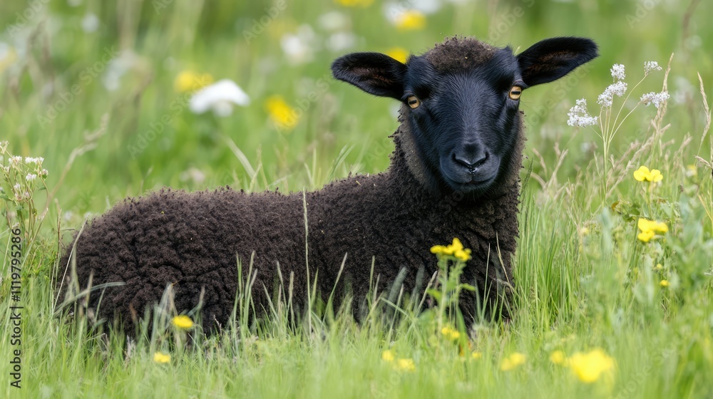 Black lamb with a curious expression, calmly grazing in a field of vibrant wildflowers and lush green grass, farm animal, rural scene, nature, adorable pet. Black lamb with a curious expression, calmly grazing in a field of vibrant wildflowers and lush green grass, farm animal, rural scene, nature, adorable pet.