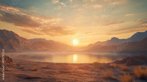 Serene early morning desert landscape with tranquil lake and majestic mountains during golden hour illuminated by a warm sunrise