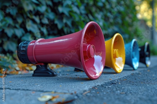 A collection of megaphones in red, yellow, and blue on a table or surface photo